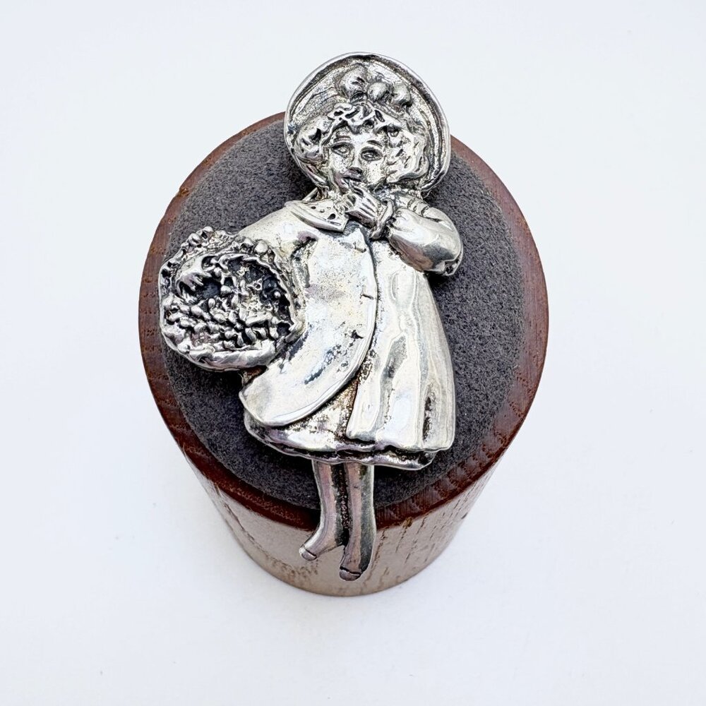 Child With Flower Basket Brooch VTG Sterling Silver 925 Size 2" Length